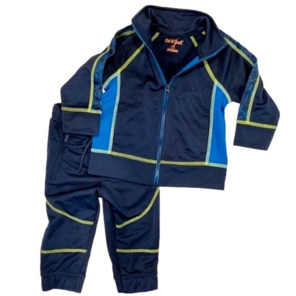 Cat and Jack 2 Piece Tracksuit Set Navy Blue Neon Green Stripes Size Boys 12M